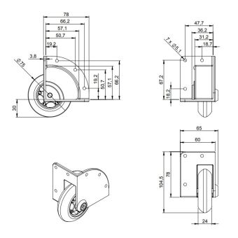 Ingebedde hoekwiel met zachte wielen 75 mm